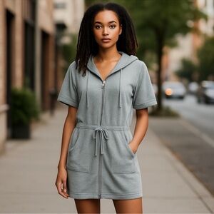 Norma Kamali Terrycloth Hooded Sweatshirt Dress in Grey size large